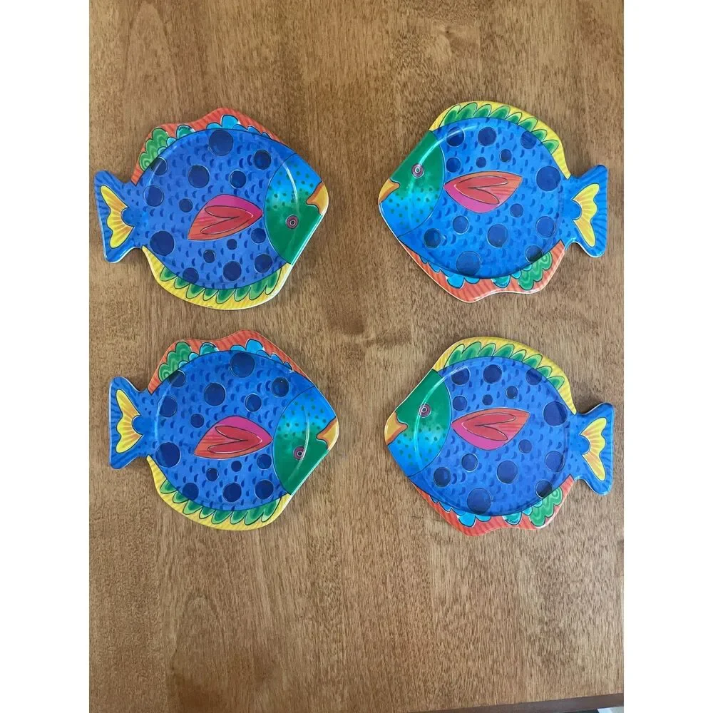 Vintage Coaster Set Plastic Fish Shape MCM Colorful Atomic Retro 80s Beach House